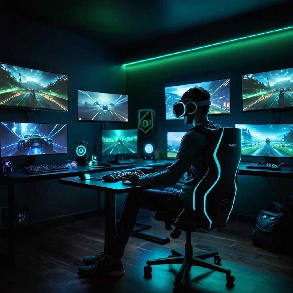 A serene gamer sitting comfortably in a dimly lit room, surrounded by glowing screens displaying vibrant online gaming visuals. Soft, calming colors such as blues and greens dominate the background, symbolizing peace and tranquility. Floating icons representing various types of insurance (like shields, locks, and checkmarks) hover gently around the gamer, emphasizing security in the gaming world. A subtle hint of a virtual reality headset rests on the side, indicating a futuristic touch. super-realistic. vibrant colors. dark background.