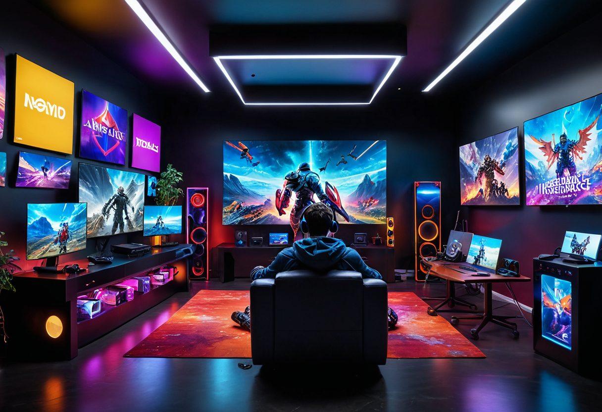 A gamer surrounded by a variety of game consoles and accessories, immersed in a virtual world. In the foreground, a shield symbolizing protection overlays the scene, creatively incorporating elements of insurance like a policy document. Bright colors and dynamic lighting convey excitement and security. The background features a digital landscape of game worlds, blending fantasy and reality. super-realistic. vibrant colors. 3D.