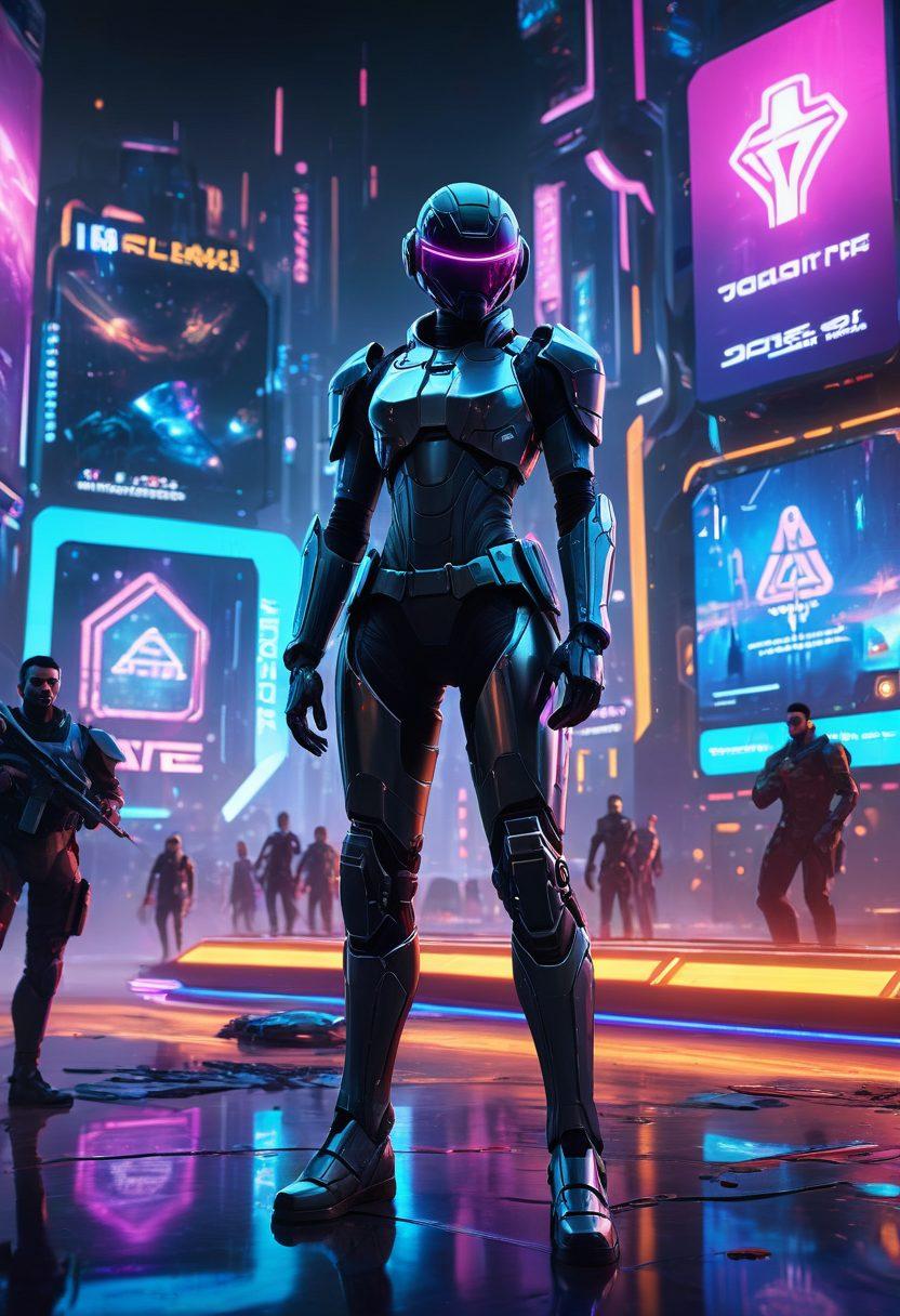 A futuristic gaming landscape featuring a player in advanced armor, surrounded by holographic shields and insurance icons, illustrating security and protection. The background includes a digital world filled with floating game elements and vibrant colors representing excitement and safety. Include a bold title overlay that reads 'Level Up Your Protection.' cyberpunk. super-realistic. vibrant colors.